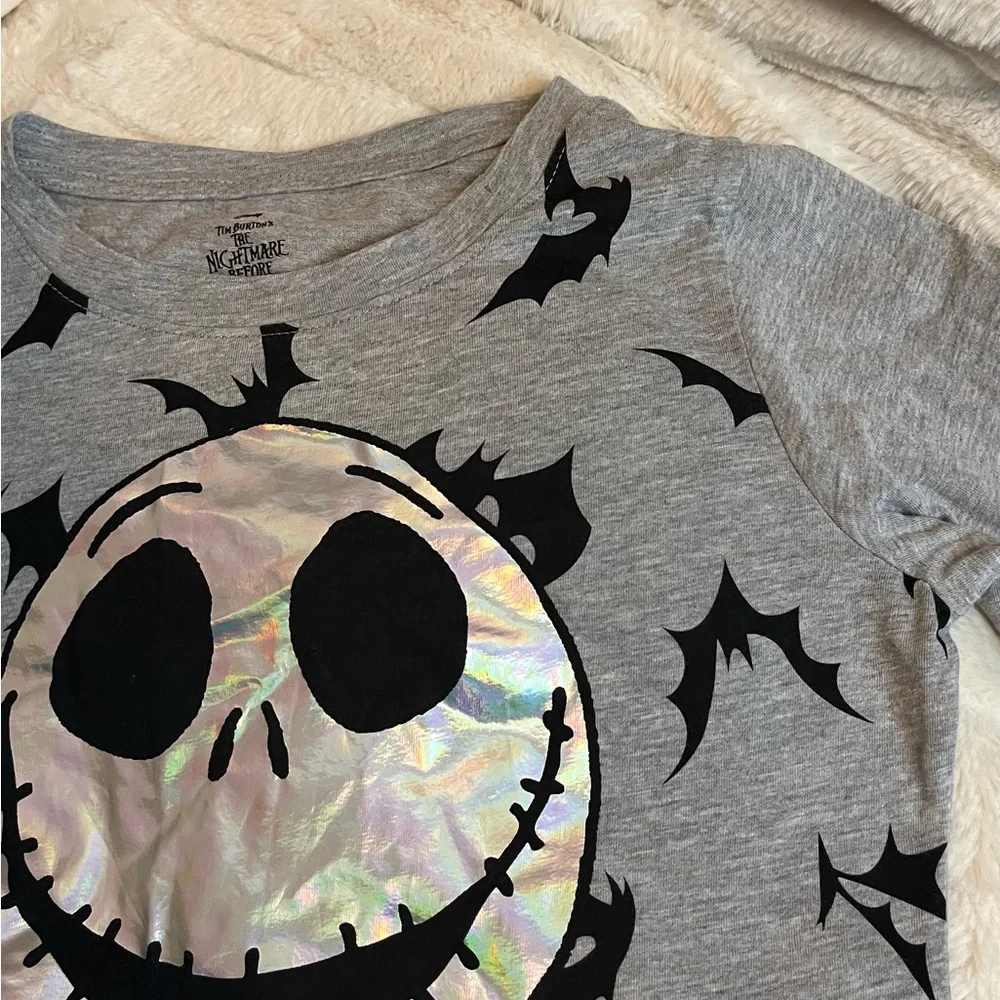 NWT Disney Jack Skellington Girl XL/16 Grey Black Iridescent Bat Long Sleeve Tee